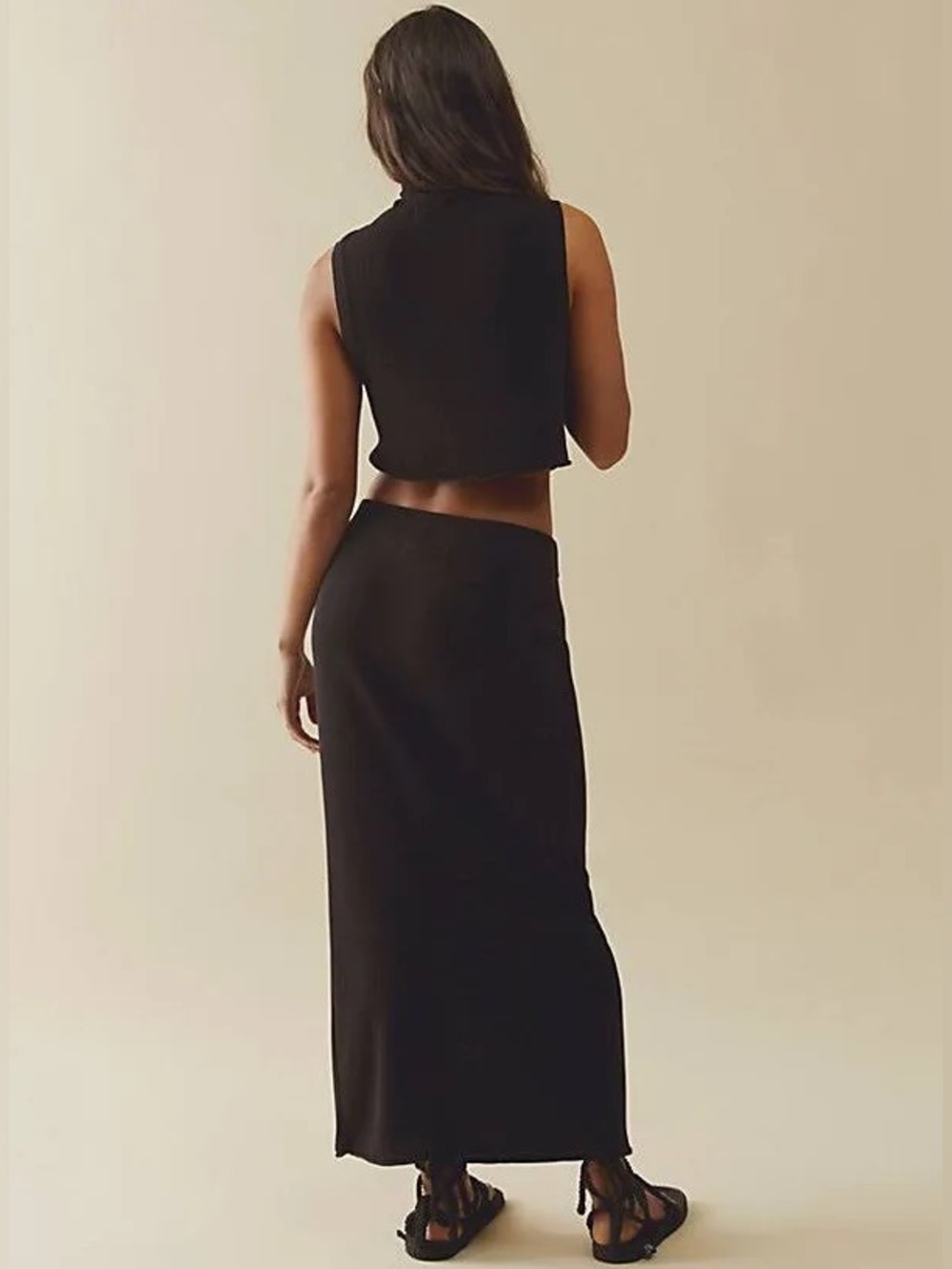 Free People Callie Sweater Set M Black Cropped Mock Neck Top Maxi Skirt 2PC - Picture 2 of 10